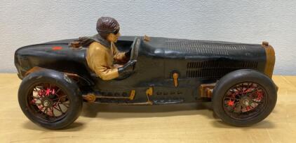 Large Hand-Crafted Vintage Race Car Model with Driver, 20" Display Decor