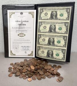 Uncut Sheet of 4 $1 Bills, World Reserve Portfolio, Certificate, ~200 1982 Lincoln Pennies