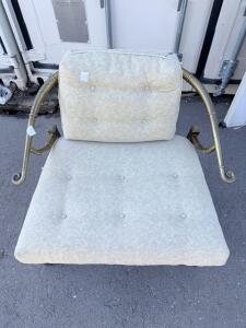 Vintage Hollywood Regency Brass Lounge Chair, Tufted Fabric, Scrolled Arms, Square Base 32" W x 30" D x 32" H