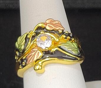 Black Hills Gold Style Ring, Tri-Color Leaf Design, 10K/12K Gold, Solitaire CZ, Size 8.5