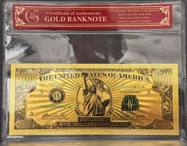 24K Gold-Plated One Million Dollar Banknote, Miss Liberty, COA, Decorative Collectible
