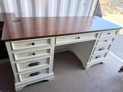 Aspenhome Executive Desk, Brown Wood Top, Cream Base, 7 Drawers, Cable Management, 66&rdquo; Wide