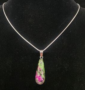 (1) 16.55 Ct. Natural Red Ruby And Zoisite Gemstone .925 Necklace