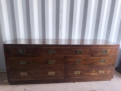 Campaign Style 9-Drawer Dresser &ndash; Oak Finish, Brass Handles, 66" Wide, Classic Storage Chest