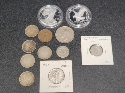 (2) American Eagle Reproduction Coins & Assorted Foreign Coins
