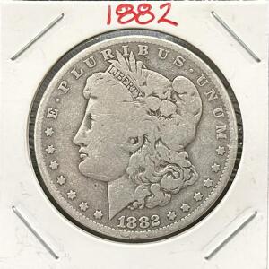 1882 Morgan Silver Dollar, Philadelphia Issue, 90% Silver, Circulated, in 2x2 Holder