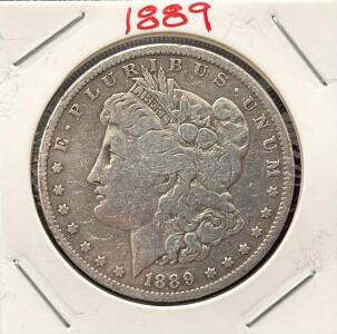 1889 Morgan Silver Dollar, Philadelphia, 90% Silver, 38.1mm, 26.73g, Circulated, in Holder