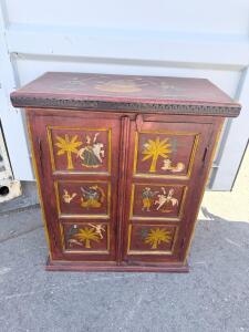 Hand-Painted Indian Rajasthani Solid Wood Cabinet, 2 Door, Folk Art Motifs, 32"x25"x15"