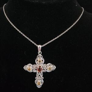 (1) Ornate Amber And Citrine Stone Cross Pendant .316 Stainless Steel Necklace