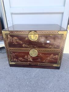 Drexel Heritage Et Cetera Asian Brass-Trimmed Chinoiserie 2-Drawer Chest, Hand-Painted 32&rdquo; W x 18&rdquo; D x 25&rdquo; H (81.3 x 45.7 x 63.5 cm