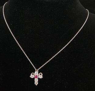 (1) Ruby And White Topaz Mini Cross .925 Sterling Silver Necklace