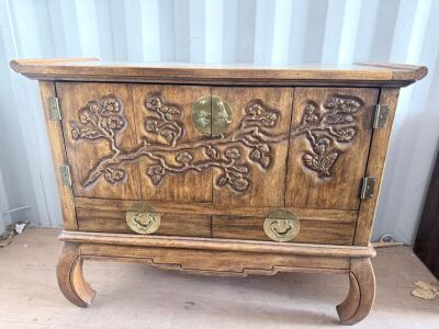 Vintage Chinese Style Carved Floral Cabinet, Brass Hardware, 33" x 16" x 25", 2 Drawers