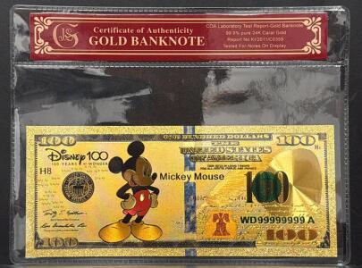 Disney 100 Years of Wonder 24K Gold-Plated Collectible Banknote, Mickey Mouse, COA, Serial WD999999999A