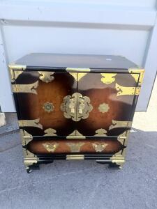 Korean Brass Mounted Lacquer Jewelry/Document Chest, 4 Drawers, Red Lined, Bandaji Style 35" W x 18" D x 33" H (89 x 46 x 84 cm)