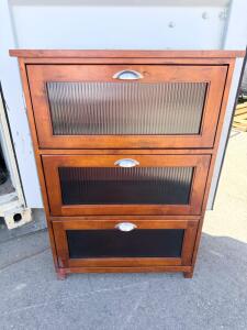 3-Compartment Drop-Down Shoe Cabinet, Ribbed Glass Doors, Brushed Metal Handles, 30"x10"x45"