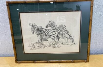 C.B. Cunningham Original Pencil Drawing&mdash;Zebra Wildlife, Signed, Bamboo Frame, 21"x17"