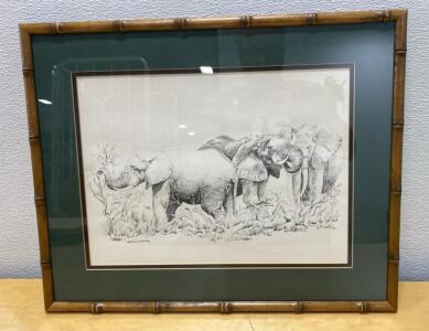 C.B. Cunningham Original Graphite Elephant Drawing, Signed, Bamboo Frame, Wildlife Art 21x17&rdquo;