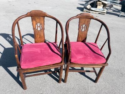 Pair Asian Ming-Style Horseshoe-Back Armchairs, Hardwood, Cane Seat, Pink Cushions, 1970s-80s 31" height, 23" width, 21" depth,
