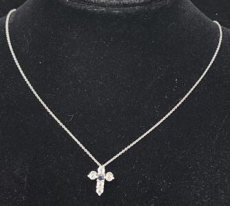 (1) 925 Blue Sapphire And White Topaz Sterling Silver Cross Pendant Necklace