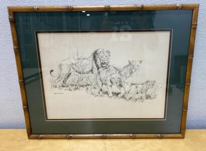 C. Cunningham Framed Wildlife Lion Family Pencil Drawing, Faux Bamboo Frame, 21x17 in