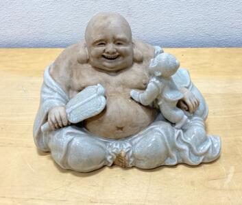 Japanese Ceramic Happy Buddha Figurine with Child, Marked "Daikichi" Fortune Seal, 8" Tall