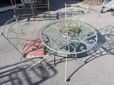 Vintage Wrought Iron Patio Dining Set &ndash; Round Glass Table & 3 Scrollwork Chairs, Striped Cushions 42" diameter x 29" height, chair dimensions: 17"w x 17"d x 36"h