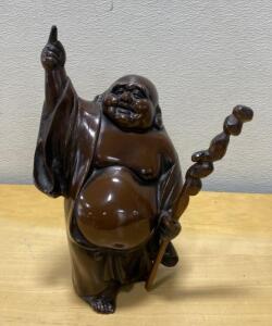 Laughing Buddha Figurine, Glossy Dark Brown Finish, 14" Tall, Decorative Prosperity Statue