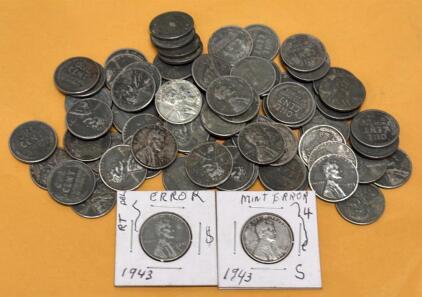 1943 Lincoln Steel Wheat Penny Collection, 50+ Coins, 2 Error Coins, San Francisco Mint &ldquo;S&rdquo;
