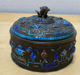 Chinese Cloisonn&eacute; Enamel Lidded Box, Round, Blue Interior, Animal Motif, 6" Diameter