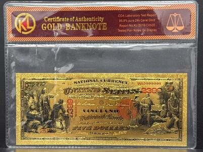 Vineland National Bank $5 Replica Note, 24K Gold Foil, COA, Columbus Scene, Serial WR999999
