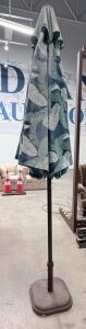 9 ft Market Patio Umbrella with Base, Tropical Leaf Print, Crank Lift, Round Canopy