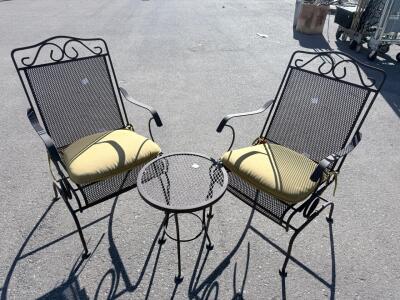 Wrought Iron Patio Bistro Set &ndash; 2 Chairs w/ Cushions, 1 Round Table, Scroll Design, Black/Yellow 24"W x 26"D x 37"H, table approx. 22" diameter,