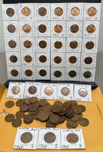 1969 Lincoln Memorial Cent Collection &ndash; P, D, S Mint Marks, Floating Roof Error Varieties, 80+ Coins