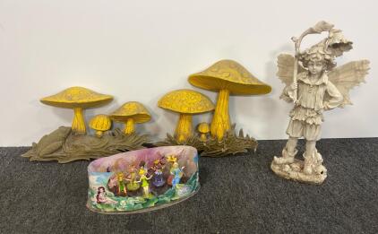 Disney Store Fairies Figurine Set, Large Fairy Boy Statue, Yellow Mushroom Garden Decor