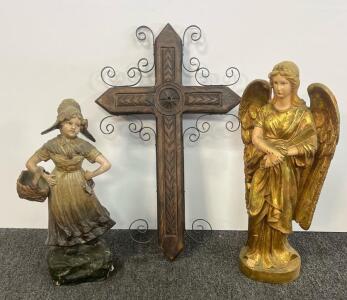 Large Gold Gilded Angel Statue, Decorative Wall Cross, & Chalkware Girl Figure