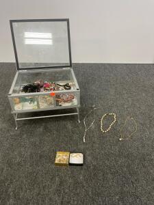 Large Mixed Costume Jewelry Lot with Glass Box &ndash; Necklaces, Earrings, Bracelets, Vintage & Modern