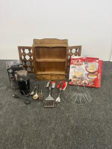 GE Coffee Grinder, Chef Basket, Vintage Wooden Spice Cabinet, Assorted Kitchen Utensils Lot