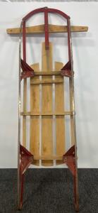 Gladding American Clipper Vintage Wooden Snow Sled, 54" Wood & Red Steel Runners, USA, c.1950s-70s