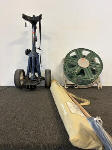 Spalding Golf Push Cart, Ames ReelEasy Hose Reel, Tommy Bahama 7ft Beach Umbrella, Ames Sander