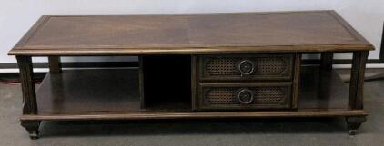 Vintage Wood Coffee Table with Drawers, Open Shelf, and Metal Handles, Approx. 56"x22"x16"