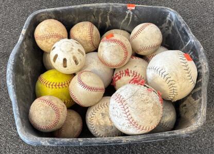 Mixed Lot of 18 Practice Baseballs, Softballs, Rubber & Plastic Balls &ndash; Heavily Used