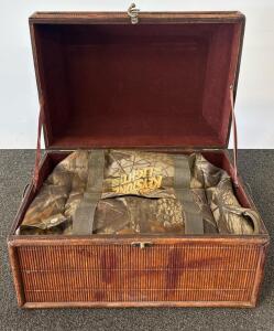 Vintage Bamboo Storage Chest with Red Velvet Interior + Keystone Light Duffel & US Army Backpack