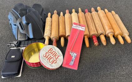 Mixed Lot: 11 Vintage Wooden Rolling Pins, 4 BOA Holsters, LASCO Tank Lever, XXL Pouch, Holiday Tin
