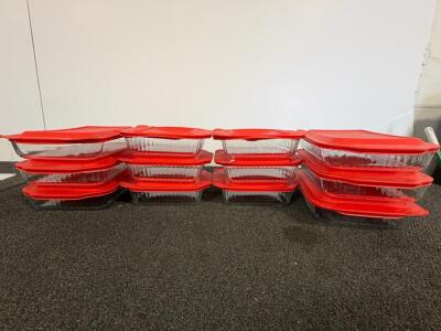 Pyrex 222-PC 6 Cup Glass Baking Dishes, Red Lids, Set Of 12, Stackable, Made In USA