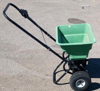 Push Broadcast Spreader, 50 lb Capacity, Green Plastic Hopper, Steel Frame, Pneumatic Wheels