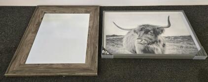 Large Framed Highland Cow Art Print & Rustic Wood-Frame Wall Mirror, 32"x24"/36"x28", Hanging Ready
