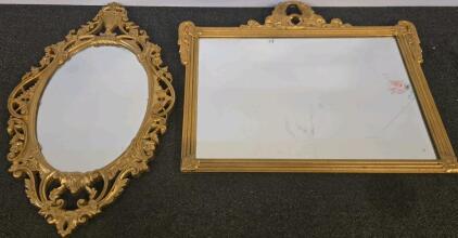 Pair Of Ornate Gold Wall Mirrors, Oval Rococo And Rectangular Neoclassical, 36"-40" Tall