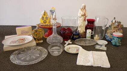 Mixed Home Decor & Collectibles &ndash; Glassware, Figurines, Kewpie Plate, Heart Vase, 22 Pieces