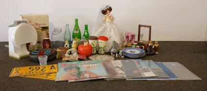 Mixed Home Decor And Novelty Salt Shakers, 1090's Records, Memorabilia Of Asian Nationality.