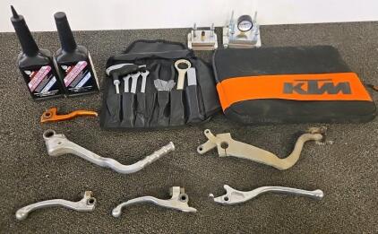 KTM Tool Kit, Custom Radiator Pressure Tester, Honda Gear Oil, Assorted Motorcycle Levers/Pedals